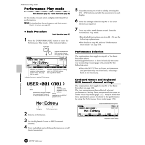 Page 162162MOTIF  Reference
Performance Play mode  
Reference  Performance mode
Performance Play mode
Basic Structure (page 31) · Quick Start Guide (page 88)
In this mode, you can select and play individual User 
performances.
nFor details about the performances and their memory 
(bank) structure, see page 40. 
◆ Basic Procedure
Basic Operation (page 67)
1Press the [PERFORMANCE] button to enter the 
Performance Play mode.  (The indicator lights.)
2 Select a performance. 
3 Set the Keyboard Octave or MIDI...