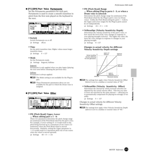 Page 171171MOTIF  Reference
Performance Edit mode
Reference  Performance mode
● [F1]-[SF4] Part  Voice  Portamento
Set the Portamento parameters for each part. 
Portamento is used to create a smooth transition in 
pitch from the ﬁrst note played on the keyboard to 
the next. 
• Switch 
Switch Portamento on or off.
❏Settings off,on
• Time 
Set the pitch transition time. Higher values mean longer 
transition times. 
❏Settings 0 ~127
• Mode 
Set the Portamento mode. 
❏ Settings ﬁngered, fulltime
ﬁ
ngered Portamento...