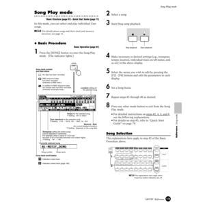 Page 179179MOTIF  Reference
Song Play mode
Reference  Song mode
Song Play mode
Basic Structure (page 67) · Quick Start Guide (page 77)
In this mode, you can select and play individual User 
songs.
n For details about songs and their track and memory 
structure, see page 51.
◆ Basic Procedure
Basic Operation (page 67)
1 Press the [SONG] button to enter the Song Play 
mode.  (The indicator lights.)
2 Select a song. 
3 Start/Stop song playback. 
4 Make necessary or desired settings (e.g., transpose, 
tempo,...