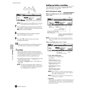 Page 184184MOTIF  Reference
Song Record mode 
Reference  Song mode
nMIDI events the external MIDI devices connected 
to the MOTIF can be recorded to tracks 1~16. 
7 After completing your performance (in Realtime 
recording) or completing Step recording, press the 
[■] button to stop recording.
8 Record additional tracks as required. Repeat 
steps #3 through #7 as desired. 
9 Press the [F] button to hear your newly 
recorded performance. 
10 Save the recorded data to the Memory Card or 
the SCSI device connected...