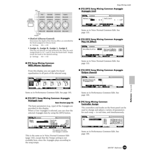 Page 209209MOTIF  Reference
Song Mixing mode
Reference  Song mode
• ChoCtrl (Chorus Control)
Determines the depth of the Chorus effect, as controlled by 
the Knob assigned to Chorus Send.
❏Settings -64~+63
• Assign A, Assign B, Assign 1, Assign 2
This lets you directly set and memorize the value for each 
Assign Knob (A, B, 1, and 2), from the Knob itself.  Simply 
tweak the knob to the desired setting.
❏Settings -64~+63
● [F2] Song Mixing Common
MEQ (
Master Equalizer)
From this display you can apply ﬁve-band...