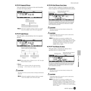 Page 229229MOTIF  Reference
Pattern Job mode
Reference  Pattern mode
● [F4]-04 Append Phrase
This Job appends one phrase to the end of another 
to create one longer phrase.
nIf this job is applied to phrases which use sample 
voices, the sample voices will not be appended.
● [F4]-05 Split Phrase
This Job splits a selected phrase into two separate 
phrases.
nWhen either Style or Phrase is set to “off”, the split 
Phrase B data is erased.
• Meter 
Sets the meter of phrase B after the split operation.
❏Settings...