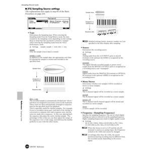 Page 236236MOTIF  Reference
Sampling Record mode 
Reference  Sampling mode
■ [F2] Sampling Source settings
The explanations here apply to step #5 of the Basic 
Procedure on page 234. 
• Type 
Determines the Sampling type. When entering the 
Sampling mode from the Song/Pattern mode, the data 
created by the Sampling varies depending on this setting. 
Keep in mind that this parameter is ﬁxed to “sample” 
when entering the Sampling mode from the Voice/
Performance mode. 
❏Settings sample, sample + note, slice + seq...