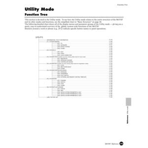 Page 249249MOTIF  ReferenceFunction Tree
Reference  Utility mode
Utility Mode
Function Tree
This section is devoted to the Utility mode.  To see how the Utility mode relates to the entire structure of the MOTIF 
and its other modes and functions, see the simpliﬁed chart in “Basic Structure” on page 30. 
The following detailed chart shows all of the display menus and parameter groups of the Utility mode — giving you a 
quick, easy-to-understand overview of the  global, system-wide functions of the MOTIF.
Brackets...