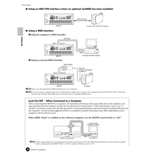 Page 2626MOTIF  Setting Up
Connections
Setting Up
■Using an IEEE1394 interface (when an optional mLAN8E has been installed) 
■Using a MIDI interface
●Using the computer’s MIDI interface
●Using an external MIDI interface
nPlease use the appropriate MIDI interface for your computer. 
nIf you are using a computer that has a USB interface, make sure to connect the computer and the MOTIF by USB.  (The data 
transfer rate is faster than MIDI and you’ll have access to multiple MIDI ports.)
Local On/Off  - When...