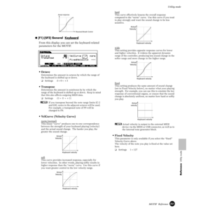 Page 251251MOTIF  Reference
Utility mode
Reference  Utility mode
● [F1]-[SF2] General  Keyboard
From this display you can set the keyboard-related 
parameters for the MOTIF.
• Octave
Determines the amount in octaves by which the range of 
the keyboard is shifted up or down.
❏Settings -3~0~+3
• Transpose
Determines the amount in semitones by by which the 
range of the keyboard is shifted up or down.  Keep in mind 
that this also affects outgoing MIDI data.
❏Settings -11~ 0 ~+11
nIf you transpose beyond the note...