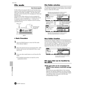 Page 262262MOTIF  Reference
File mode 
Reference  File mode
File mode
Basic Structure (page 63)
In this mode, you can save data to and load data from 
memory cards and SCSI storage devices, such as hard 
disks and removable cartridges.  The File mode also 
provides various functions for managing your data and 
SCSI devices.  
With the File Utility software (on the included CD-
ROM), you can use a computer to manage data stored 
to memory cards or SCSI devices — even use it to 
transfer data between the computer...