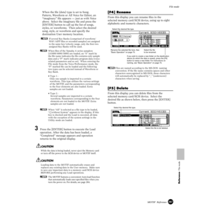 Page 267267MOTIF  Reference
File mode
Reference  File mode
When the ﬁle (data) type is set to Song, 
Pattern, Waveform or All Voice for Editor, an 
“imaginary” ﬁle appears — just as with Voice 
above.  Select the imaginary ﬁle and press the 
[ENTER] button to call up the list of songs, 
styles, or waveforms.  Then select the desired 
song, style, or waveform and specify the 
destination User memory location.
nIf several Key Banks (comprised of waveform/
WAV/AIFF ﬁles or recorded samples) are assigned 
to the...