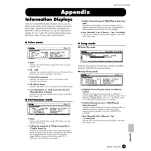 Page 275275MOTIF  Appendix
Information Displays
Appendix
Appendix
Information Displays
The convenient Information displays let you see at-a-
glance some of the more important settings relevant to 
each mode.  Select the desired mode, then press the 
[INFORMATION] button to call up the Information 
display for that mode.  To exit from the display, press 
the button again (or any other panel button).
■ Voice mode
• Bank 
Indicates the Bank/Number (page 124) of the currently 
selected Voice.
• EL  1234
Indicates...