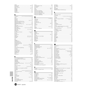 Page 296Appendix
296MOTIF   Appendix
DRUM ...................................................................................42
Drum Key Edit  .............................................................148, 150
Drum Pattern  ..........................................................................55
Drum Voice Edit  ..................................................................148
DryLevel ......................................................................163, 172
Dual BEF...