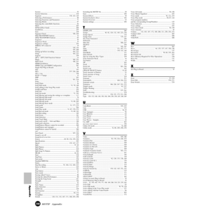 Page 298Appendix
298MOTIF   Appendix
Section ................................................................................... 52
Section Selection.................................................................. 218
Segment ............................................................... 139, 143, 145
Selecting a Performance ........................................................ 88
Selecting Functions and Parameters ...................................... 71
Selecting...