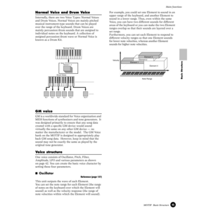 Page 4545MOTIF  Basic Structure
Main functions
Basic Structure
Normal Voice and Drum Voice
Internally, there are two Voice Types: Normal Voices 
and Drum Voices. Normal Voices are mainly pitched 
musical instrument-type sounds that can be played 
over the range of the keyboard. Drum Voices are 
mainly percussion/drum sounds that are assigned to 
individual notes on the keyboard. A collection of 
assigned percussion/drum wave or Normal Voice is 
known as a Drum Kit.
GM voice
GM is a worldwide standard for Voice...