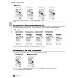 Page 6868MOTIF  Basic Operation
Calling up the Operation Displays
Basic Operation
 
To select another mode, simply press the corresponding mode button.
nPlease note that the displays and parameters are different depending on the modes before entering the Sampling/Utility mode. 
Special Modes — Master mode and File mode
In addition to the modes described above, special two modes are provided — Master mode and File mode.    
To select another mode, simply press the corresponding mode button.
Mixing mode (in the...