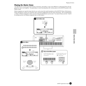 Page 7979MOTIF  Quick Start GuidePlaying the Demos
Quick Start Guide
Playing the Master Demo
The MOTIF has so many powerful features, functions, and modes, it may seem difﬁcult to understand them all and 
grasp how they work together.  One good place to start learning about the various pieces in the MOTIF puzzle is the 
Master mode.  
Master programs are special setups that let you work across the mode boundaries of the MOTIF (Voice, Performance, 
Song, and Pattern), and let you instantly select a desired...
