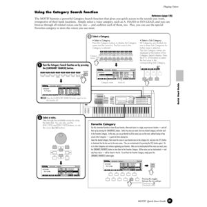 Page 8181MOTIF  Quick Start GuidePlaying Voices
Quick Start Guide
Using the Categor y Search function
Reference (page 126)
The MOTIF features a powerful Category Search function that gives you quick access to the sounds you want, 
irrespective of their bank locations.  Simply select a voice category, such as A. PIANO or SYN LEAD, and you can 
browse through all related voices one by one — and audition each of them, too.  Plus, you can use the special 
Favorites category to store the voices you use most.  
PLG...