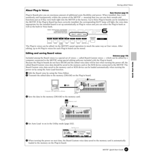 Page 8787MOTIF  Quick Start GuideStoring edited Voices
Quick Start Guide
About Plug-in Voices
Basic Structure (page 34)
Plug-in Boards give you an enormous amount of additional sonic ﬂexibility and power. When installed, they work 
seamlessly and transparently within the system of the MOTIF — meaning that you can use their sounds and 
functions just as if they were built right into the MOTIF at the factory. Up to three Plug-in boards can be installed to 
the MOTIF. If the Plug-in Board has been correctly...