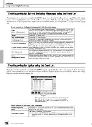 Page 106Song Creator (Digital Recording)
Reference
106TYROS Owner’s Manual104
Step Recording for System Exclusive Messages using the Event List
The explanations here apply when you call up the SYS/EX. page in step #4 of the Basic Procedure on page 94. From this display,
you can edit recorded System events which do not belong to a speciﬁc MIDI channel, such as tempo and beat (time signature).
The instructions for this display are basically the same as those for the channel data editing display (1-16 page)...