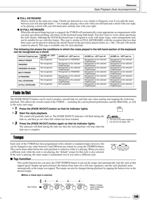 Page 109Style Playback (Auto Accompaniment)
Reference
109TYROS Owner’s Manual107
 FULL KEYBOARD
Detects chords in the entire key range. Chords are detected in a way similar to Fingered, even if you split the notes 
between your left and right hands — for example, playing a bass note with your left hand and a chord with your right, 
or by playing a chord with your left hand and a melody note with your right.
 AI FULL KEYBOARD
When this advanced ﬁngering type is engaged, the TYROS will automatically create...