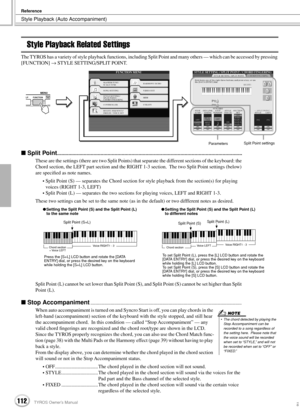 Page 112Style Playback (Auto Accompaniment)
Reference
112TYROS Owner’s Manual110
Style Playback Related Settings
The TYROS has a variety of style playback functions, including Split Point and many others — which can be accessed by pressing 
[FUNCTION] → STYLE SETTING/SPLIT POINT.
 Split Point....................................................................................................................................
These are the settings (there are two Split Points) that separate the different sections...