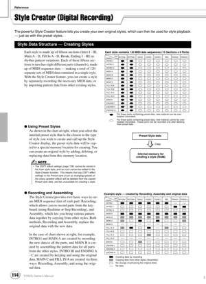Page 114Reference
114TYROS Owner’s Manual112
Style Creator (Digital Recording)
The powerful Style Creator feature lets you create your own original styles, which can then be used for style playback 
— just as with the preset styles.
Each style is made up of ﬁfteen sections (Intro I - III, 
Main A - D, Fill In A - D, Break, Ending I - III) as 
rhythm pattern variations. Each of these ﬁfteen sec-
tions in turn has eight different parts (channels), made 
up of MIDI sequence data — making a total of 120 
separate...