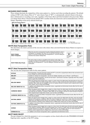 Page 121Style Creator (Digital Recording)
Reference
121TYROS Owner’s Manual119
 SOURCE ROOT/CHORD
These settings determine the original key of the source pattern (i.e., the key used when recording the pattern). The default 
setting of CM7 (with a Source Root of “C” and a Source Type of “M7”), is automatically selected whenever the preset 
data is deleted prior to recording a new style, regardless of the Source Root and Chord included in the preset data. When 
you change Source Root / Chord from the default CM7...