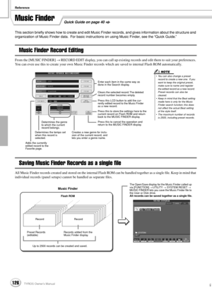 Page 126Reference
126TYROS Owner’s Manual124
Quick Guide on page 40Music Finder
This section brieﬂy shows how to create and edit Music Finder records, and gives information about the structure and 
organization of Music Finder data.  For basic instructions on using Music Finder, see the “Quick Guide.”
Music Finder Record Editing
From the [MUSIC FINDER] → RECORD EDIT display, you can call up existing records and edit them to suit your preferences. 
You can even use this to create your own Music Finder records...