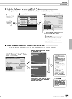 Page 127Music Finder
Reference
127TYROS Owner’s Manual125
 Restoring the Factory-programmed Music Finder.....................................................
The operation below lets you restore the TYROS’ Music Finder to its original factory settings. 
 Calling up Music Finder ﬁles saved to User or Disk drive.....................................
You can call up Music Finder data saved to any of the installed drives by the following procedure.
LP FUNCTIONSOUNCREAMENU
23
4
1
Press the [FUNC-
TION] button....