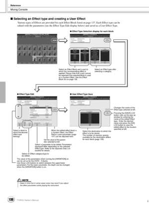 Page 138Mixing Console
Reference
138TYROS Owner’s Manual136
 Selecting an Effect type and creating a User Effect
Various types of Effects are provided for each Effect Block listed on page 137. Each Effect type can be 
edited with the parameters (see the Effect Type Edit display below) and saved as a User Effect Type.
Select an Effect Block and a part to 
which the corresponding effect is 
applied. Please note that a part cannot 
be selected if the selected block is used 
as a System Effect. See the Effect...