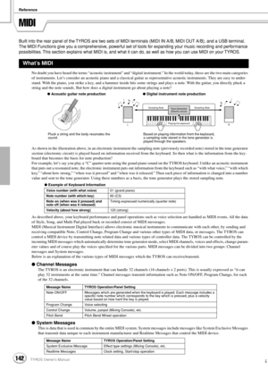 Page 142Reference
142TYROS Owner’s Manual140
MIDI
Built into the rear panel of the TYROS are two sets of MIDI terminals (MIDI IN A/B, MIDI OUT A/B), and a USB terminal. 
The MIDI Functions give you a comprehensive, powerful set of tools for expanding your music recording and performance 
possibilities. This section explains what MIDI is, and what it can do, as well as how you can use MIDI on your TYROS.
No doubt you have heard the terms “acoustic instrument” and “digital instrument.” In the world today, these...
