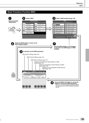 Page 145MIDI
Reference
145TYROS Owner’s Manual143
Basic Procedure (Function MIDI)
LP FUNCTIONSOUNCREAMENU
231
4
5
67
EXIT
Press the [FUNC-
TION] button. 
Settings for a connected MFC10 MIDI Foot Con-
troller (page 148)
Select “MIDI.”  Select a MIDI template (page 144). 
Save the MIDI settings on the displays 
in step #5 to the USER page as a MIDI 
template.  Press the [EXIT] button to return to the 
MIDI template display. 
As desired, set the MIDI parameters. 
Press the [EDIT] LCD button to call up the 
display...