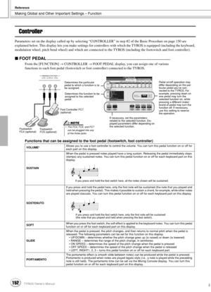 Page 152Making Global and Other Important Settings – Function
Reference
152TYROS Owner’s Manual150
Controller
Parameters set on the display called up by selecting “CONTROLLER” in step #2 of the Basic Procedure on page 150 are 
explained below. This display lets you make settings for controllers with which the TYROS is equipped (including the keyboard, 
modulation wheel, pitch bend wheel) and which are connected to the TYROS (including the footswitch and foot controller).
 FOOT...