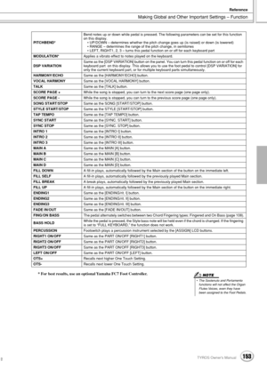 Page 153Making Global and Other Important Settings – Function
Reference
153TYROS Owner’s Manual151
* For best results, use an optional Yamaha FC7 Foot Controller.
PITCHBEND*Bend notes up or down while pedal is pressed. The following parameters can be set for this function 
on this display. 
• UP/DOWN – determines whether the pitch change goes up (is raised) or down (is lowered)
• RANGE – determines the range of the pitch change, in semitones
• LEFT, RIGHT1, 2, 3 – turns this pedal function on or off for each...