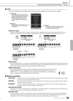 Page 155Making Global and Other Important Settings – Function
Reference
155TYROS Owner’s Manual153
 TYPE.......................................................................................................................................................................
The Harmony/Echo types are divided into the following groups, depending on the particular effect applied.
 Harmony Types
When any of the Harmony Types is selected, the Harmony effect is applied to the note played in the right-hand section of...