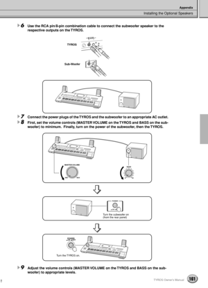 Page 161Installing the Optional Speakers
Appendix
161TYROS Owner’s Manual
6Use the RCA pin/8-pin combination cable to connect the subwoofer speaker to the 
respective outputs on the TYROS.
7Connect the power plugs of the TYROS and the subwoofer to an appropriate AC outlet.
8First, set the volume controls (MASTER VOLUME on the TYROS and BASS on the sub-
woofer) to minimum.  Finally, turn on the power of the subwoofer, then the TYROS.
9Adjust the volume controls (MASTER VOLUME on the TYROS and BASS on the sub-...