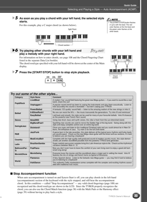 Page 33Selecting and Playing a Style — Auto Accompaniment (ACMP)
Quick Guide
33TYROS Owner’s Manual
5As soon as you play a chord with your left hand, the selected style 
starts.
For this example, play a C major chord (as shown below). 
6Try playing other chords with your left hand and 
play a melody with your right hand. 
For information on how to enter chords, see page 108 and the Chord Fingering Chart 
listed in the separate Data List booklet. 
The chord root/type speciﬁed with your left hand will be shown at...