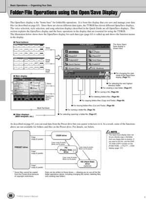 Page 66Basic Operations — Organizing Your Data
66TYROS Owner’s Manual64
Folder/File Operations using the Open/Save Display
The Open/Save display is the “home base” for folder/ﬁle operations.  It is from this display that you save and manage your data 
ﬁles (as described on page 63).  Since there are eleven different data types, the TYROS has eleven different Open/Save displays.  
The voice selection, style selection, and song selection displays described in the Quick Guide are all Open/Save displays.  This...