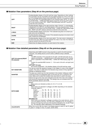 Page 89Song Playback
Reference
89TYROS Owner’s Manual87
 Notation View parameters (Step #4 on the previous page)
 Notation View detailed parameters (Step #5 on the previous page)
LEFTEnables/disables display of the left-hand key range. Depending on other settings, 
this parameter may be unavailable and may appear grayed out. If this is the case, 
go to the detailed setting display (described below; step #4 on the previous page) 
and set the LEFT CH. parameter below to any channel except “AUTO.” Or, go to 
the...