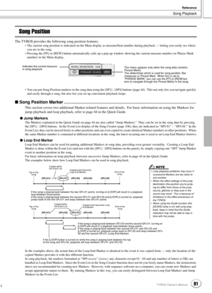 Page 91Song Playback
Reference
91TYROS Owner’s Manual89
Song Position
The TYROS provides the following song position features.
• The current song position is indicated on the Main display as measure/beat number during playback — letting you easily see where 
you are in the song.
• Pressing the [FF] or [REW] button automatically calls up a pop-up window showing the current measure number (or Phrase Mark 
number) in the Main display.
• You can put Song Position markers in the song data using the [SP1] - [SP4]...