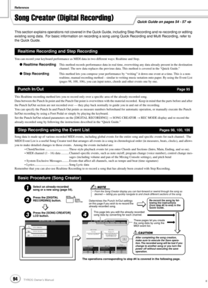 Page 94Reference
94TYROS Owner’s Manual92
Song Creator (Digital Recording)
This section explains operations not covered in the Quick Guide, including Step Recording and re-recording or editing 
existing song data.  For basic information on recording a song using Quick Recording and Multi Recording, refer to 
the Quick Guide.
You can record your keyboard performance as MIDI data in two different ways: Realtime and Step.
 Realtime RecordingThis method records performance data in real time, overwriting any data...