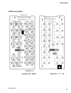 Page 101101 LS9-16/LS9-32
Pattern side
¢Í»”ï£
 PNDA Circuit Board
2NA-WG83100-1  
Component side
¢
æ
¼£
to PNMS-CN102
CUSTOM FADERMASTER
RACK 5-8
1-16 17-32 RACK 1-4
METERRECORDER
CHANNEL JOB
SETUP
MONITOR
SCENE MEMORY
MIX/MATRIX 1-16
12
3
4
56
78
910
1311
1512
16 14 