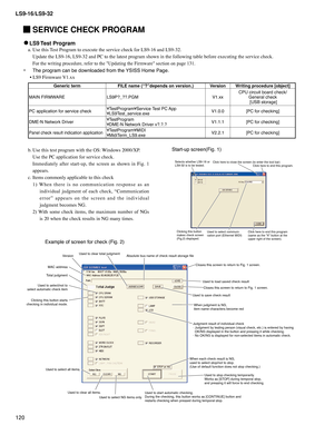 Page 120
LS9-16/LS9-32
120

 SERVICE CHECK PROGRAM
    LS9 Test Program
a.	Use	this	Test	Program	to	execute	the	service	check	for	LS9-16	and	LS9-32.
Update	the	LS9-16,	LS9-32	and	PC	to	the	latest	program	shown	in	the	following	table	before	executing	the	service	check.
For	the	writing	procedure,	refer	to	the	"Updating	the	Firmware"	section	on	page	131.
*	The program can be downloaded from the YSISS Home Page.
•	LS9	Firmware	 V1.xx
Generic termFILE name (“?”depends on version.)VersionWriting procedure...