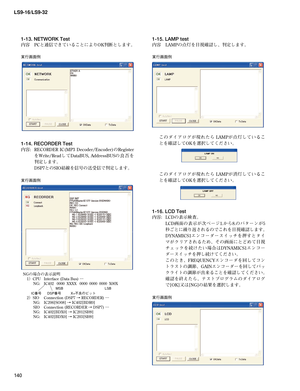 Page 140
LS9-16/LS9-32
140

1-15. LAMP test
内容	 LAMPの点灯を目視確認し、判定します。	
	
実行画面例
	 このダイアログが現れたら	LAMPが点灯しているこ
とを確認してOKを選択してください。	
	 このダイアログが現れたら	 LAMPが消灯しているこ
とを確認してOKを選択してください。	
1-16. LCD Test
内容:	 LCDの表示検査。
	 LCD画面の表示が次ページ1.から8.のパターンが5
秒ごとに繰り返されるのでこれを目視確認します。
	 DYNAMICS1エンコーダースイッチを押すとタイ
マがクリアされるため、その画面にとどめて目視
チェックを続けたい場合はDYNAMICS1エンコー
ダースイッチを押し続けてください。
	 このとき、FREQUENCYエンコーダを回してコン
トラストの調節、GAINエンコーダーを回してバッ
クライトの調節が出来ることを確認してください。
	 確認を終えたら、テストプログラムのダイアログ
で[OK]又は[NG]の結果を選択します。
実行画面例
1-13. NETWORK Test
内容...