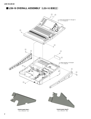 Page 217

LS9-16/LS9-32
 LS9-16 OVERALL ASSEMBLY（LS9-16 総組立）
10
2260
Control panel assembly 16 : See page 12.¢¯ïÍÉTTZ£
52
50
22
20Bottom assembly 16 : See page 6.¢ØÄÜTTZ£
42
40
22
30
70
32
22
Control panel stay R
（コンパネステー R）Control panel stay L
（コンパネステー L） 