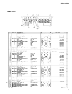 Page 222

LS9-16/LS9-32
BOTTOM ASSEMBLYボ ト ム Ａ ｓ ｓ ' ｙLS9-16--Bottom Assembly16ボ ト ム Ａ ｓ ｓ ' ｙ １ ６ 
(WG83680)10--Bottom Sub Assembly16ボトムサブＡｓｓ ' ｙ１６  
(WH75460)50--HA AngleＨ Ａ 金 具  
(WG87360)52W F 0 2 8 6 0 0Bind Head Tapping Screw-B3.0X6 MFZN2B3Ｂ タ イ ト ＋ Ｂ Ｉ Ｎ Ｄ20154--BandRSG-100リ ユ ー ス バ ン ド  
(V474980)60--DA-JK Angle LLEFTＤ Ａ ＿ Ｊ Ｋ 金 具（ Ｌ ）  
(WG87370)62W F 0 2 8 6 0 0Bind Head Tapping Screw-B3.0X6 MFZN2B3Ｂ タ イ ト ＋ Ｂ Ｉ Ｎ Ｄ20170--DA-JK Angle RRIGHTＤ Ａ ＿ Ｊ Ｋ 金 具（ Ｒ ）  
(WG97200)80--CPU Support...