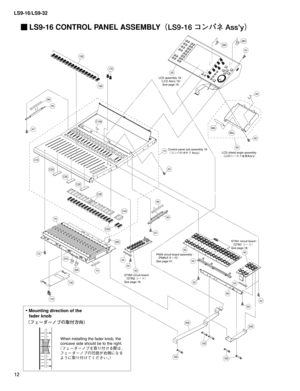 Page 227
12
LS9-16/LS9-32
 LS9-16 CONTROL PANEL ASSEMBLY（LS9-16 コンパネ Ass'y）
C10
C40
150
160
140
250240
100
110
100
100
C20
C20
C20
95
96
96
95
60
42
32
62
34
52
34
97
97
22
92
93
24
72
70
35
170
10Control panel sub assembly 16¢¯ïÍÉ±ÒTTZ£
C50
210
200
220
260220
C30
5074STIN2 circuit board : ¢45*/³”Ä£See page 18.
90
LCD shield angle assembly¢-$%³”çÅÚéTTZ£
30PNIN circuit board assembly : ¢1/*/Ø»ï
Ç£See page 21.
90b90a
40
STIN1 circuit board :¢45*/³”Ä£See page 18.
20
LCD...