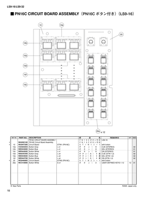 Page 233
1
LS9-16/LS9-32

PN16C CIRCUIT BOARD ASSEMBLYＰ Ｎ １ ６ Ｃ ボ タ ン 付 きLS9-16
*WH200100PN16C Circuit Board AssemblyＰ Ｎ １ ６ Ｃ ボ タ ン 付 き*10WG947200Circuit BoardSTIN1 (PN16C)Ｓ Ｔ Ｉ Ｎ １ シ ー トwith button10aV 8 4 8 6 8 0 0Button GrayL x1ボ タ ン （ 大 ）CUE (STEREO)0210bWE944800Button BlueL x1ボ タ ン （ 大 ）SEL (STEREO)0110cWE944900Button WhiteL x1ボ タ ン （ 大 ）ON (STEREO)0110dWA835300Button GrayL x4ボ タ ン（ 大 ） ４ 連CUE (STIN 1,2)0210eWE944600Button BlueL x4ボ タ ン（ 大 ） ４ 連SEL (STIN 1,2)0210fWE944700Button WhiteL x4ボ タ ン（ 大 ） ４...