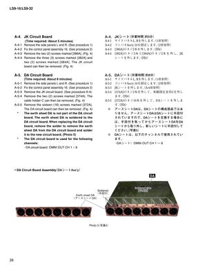 Page 28LS9-16/LS9-32
28
Photo 5
¢ø
£
Soldered
¢
R>
Ç£
&BSUITIFFU%
¢ž”µ³”Ä %£Soldered side¢
R>Ø£Soldered side
¢
R>Ø£
DA
A-4.  JK Circuit Board
  
(Time required: About 5 minutes)
A-4-1 
Remove the side panels L and R. (See procedure 1)
A-4-2 Fix the control panel assembly 16. (See procedure 2)
A-4-3 Remove the two (2) screws marked [386A]. (Fig. 4)
A-4-4  Remove the three (3) screws marked [382A] and 
two (2) screws marked [384A]. The JK circuit 
board can then be removed. (Fig. 4)
A-5....