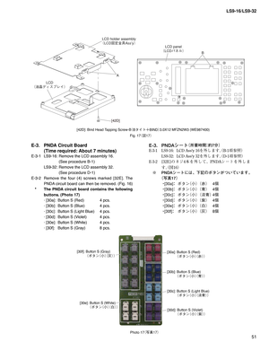 Page 5151 LS9-16/LS9-32
Photo 17
¢ø
£
LCD
¢÷	¥ÃŸµÓè £A
LCD holder assembly
¢-$%{ÚéTT’Z£
LCD panel
¢-$%ÍÉç£
B
[42D]
Fig. 17
¢
$£ [42D]: Bind Head Tapping Screw-B
¢#» Ä´#*/%£3.0X12 MFZN2W3 (WE987400)
E-3.  PNDA Circuit Board 
  (Time required: About 7 minutes)
E-3-1  LS9-16: Remove the LCD assembly 16. 
    (See procedure B-1)
  LS9-32: Remove the LCD assembly 32. 
    (See procedure D-1)
E-3-2 Remove the four (4) screws marked [32E]. The 
PNDA circuit board can then be...