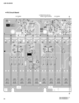 Page 84LS9-16/LS9-32
84
 FD Circuit Board
2NA-WG83030-2 1
2NA-WG83030-3 
E
E
to PNIN-CN101(LS9-16),
 PNIN(1)-CN101(LS9-32)
ch 1(LS9-16)
ch 17(LS9-32)
ch 2(LS9-16)
ch 18(LS9-32)
ch 3(LS9-16)
ch 19(LS9-32)
ch 4(LS9-16)
ch 20(LS9-32)
ch 5(LS9-16)
ch 21(LS9-32)
ch 6(LS9-16)
ch 22(LS9-32)
ch 7(LS9-16)
ch 23(LS9-32)
ch 8(LS9-16)
ch 24(LS9-32)
ch 9(LS9-16)
ch 25(LS9-32)
not installednot installed 