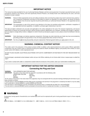 Page 2MSP5 STUDIO
2
WARNING
Components having special characteristics are marked  and must be replaced with parts having specification equal to those originally
installed.
